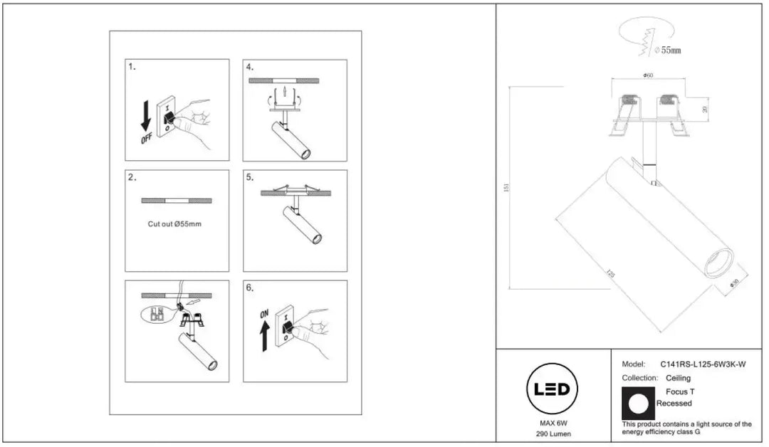 Spot semi-encastré focus t led intégrée avec design cylindrique blanc tube ultra-fin pour éclairage plafond