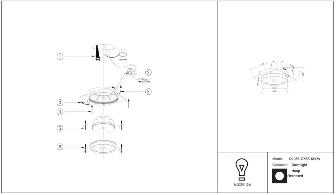 Spot semi-encastré cadre carré avec disque lumineux circulaire en finition métallique élégante