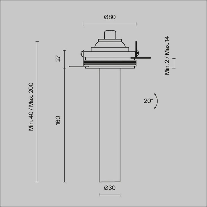 Dessin technique d’un spot tube fin orientable avec base filetée et tête réglable pour éclairage trimless