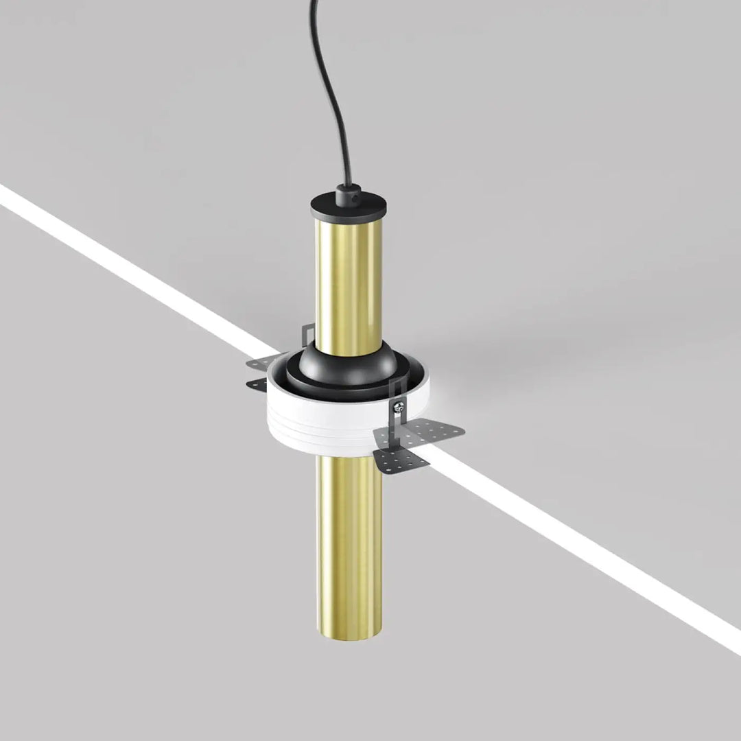 Spot focus t trimless pendant light with sleek brass cylindrical body black mounting and tube fin orientable design