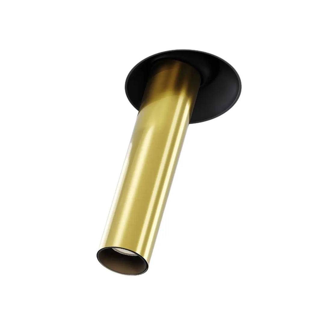 Spot | focus t trimless tube fin orientable modern cylindrical ceiling light with brushed brass body and black mount