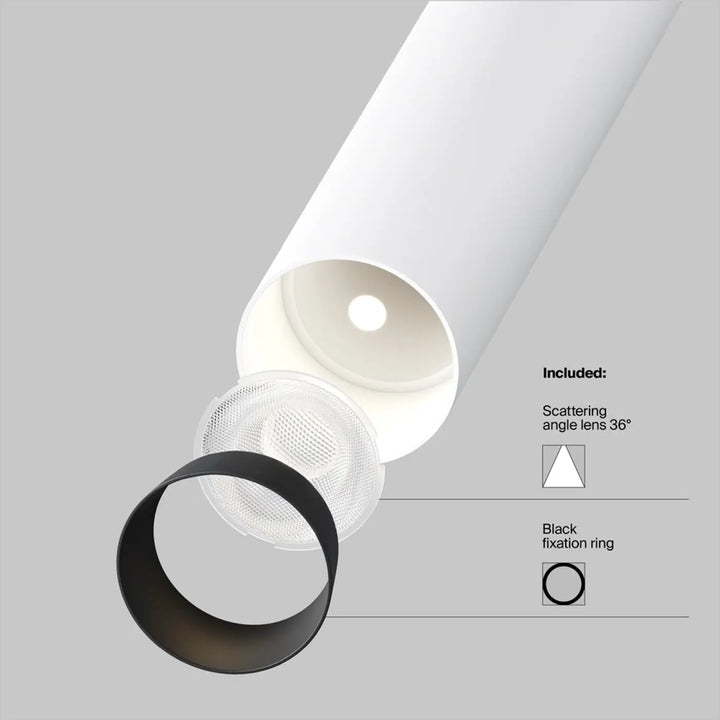 Spot focus t trimless tube fin orientable white cylindrical ceiling light with clear scattering lens and black fixation ring