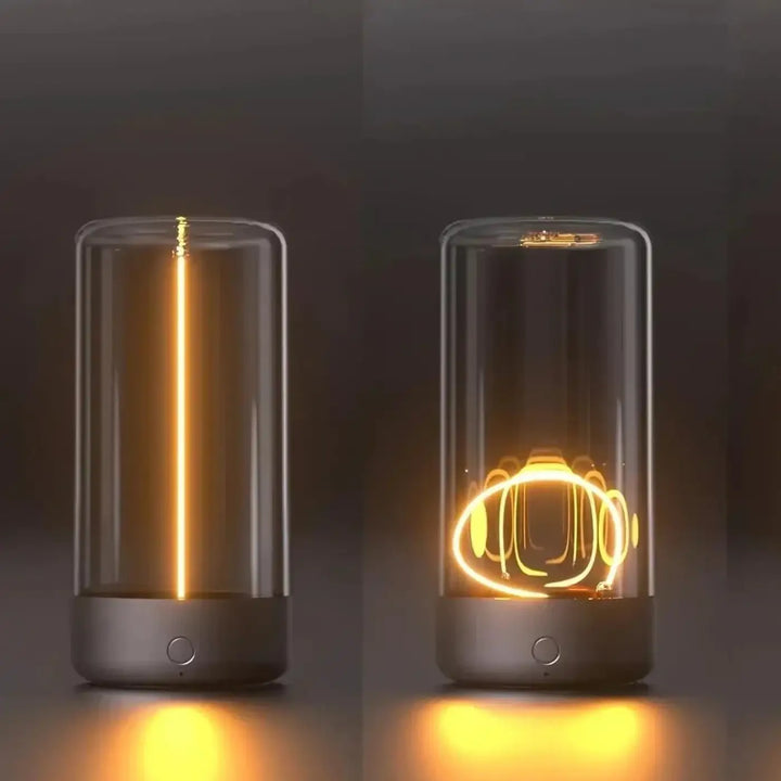Lampe en verre cylindrique supprimmer avec base métallique et lumière ambre led filament flexible pour design de table
