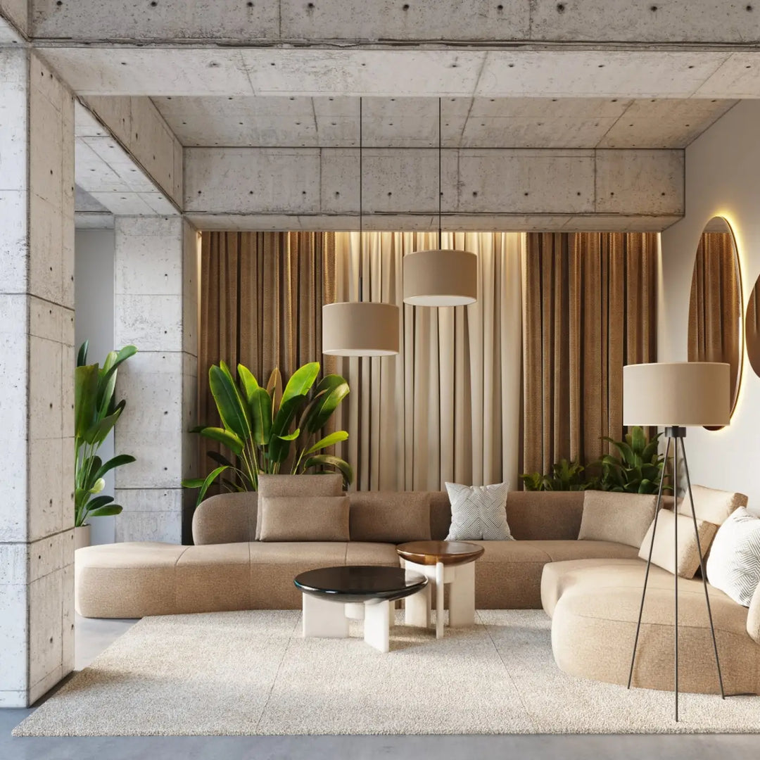 Suspension taupe/noir dans un intérieur contemporain