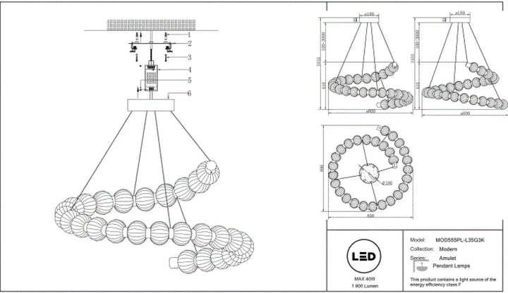 Suspension amulet en métal doré avec verre strié lampe led moderne à pendentif design spirale et globes concentrés