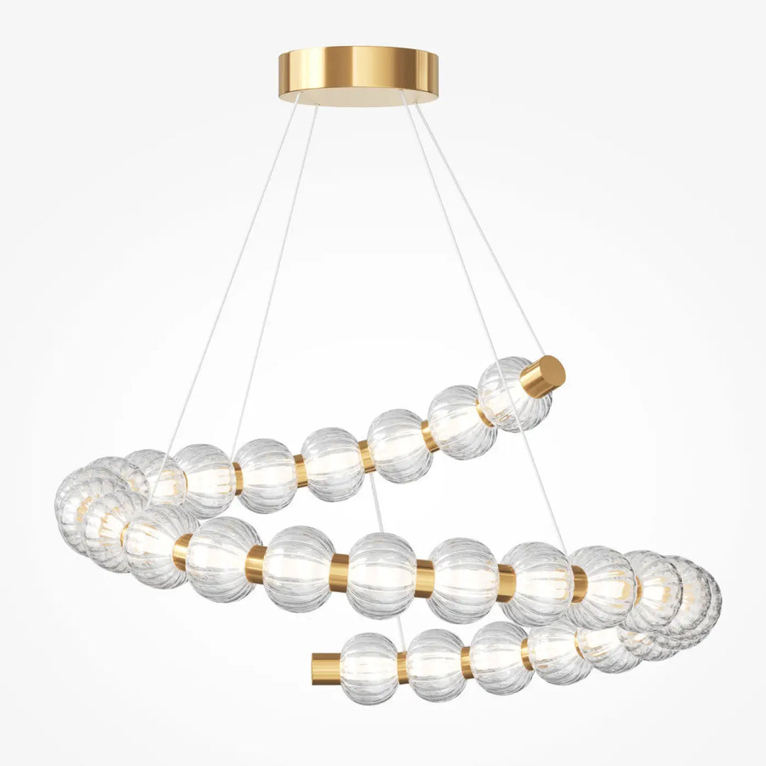 Suspension amulet avec métal doré et verre strié en orbes claires texturées de lustre spiral moderne