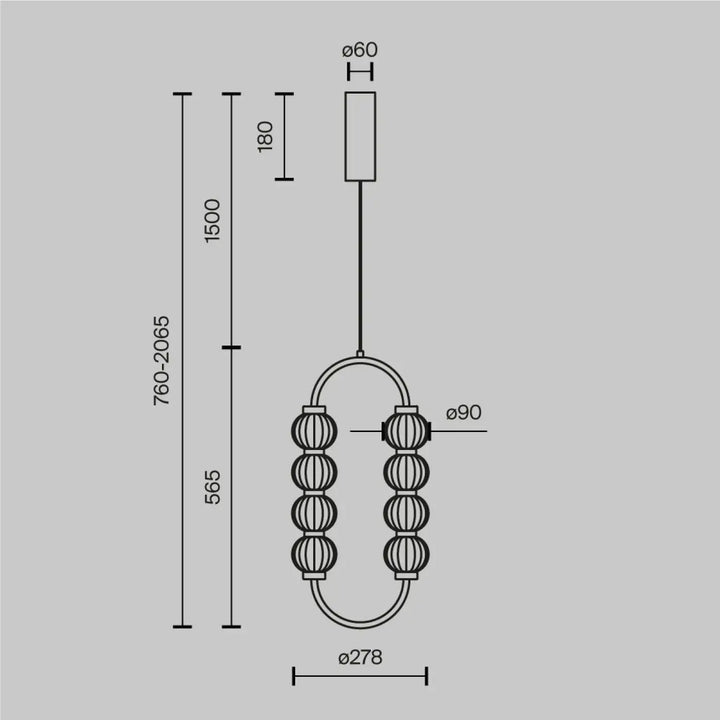 Suspension amulet ovale en verre strié avec cinq perles sphériques suspendues à une structure métallique moderne