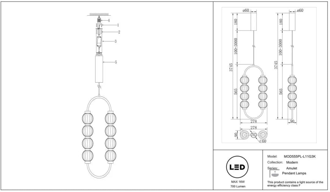 Suspension amulet ovale led moderne en verre strié avec deux bras courbés et dix globes sphériques ovale