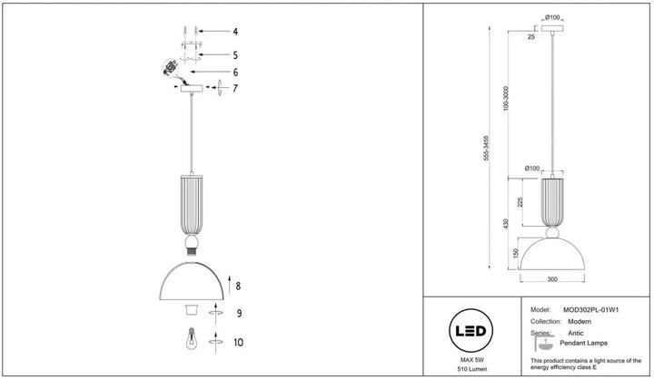 Suspension antic led avec verre strié et monture dorée, abat-jour cylindrique et diffuseur en dôme moderne
