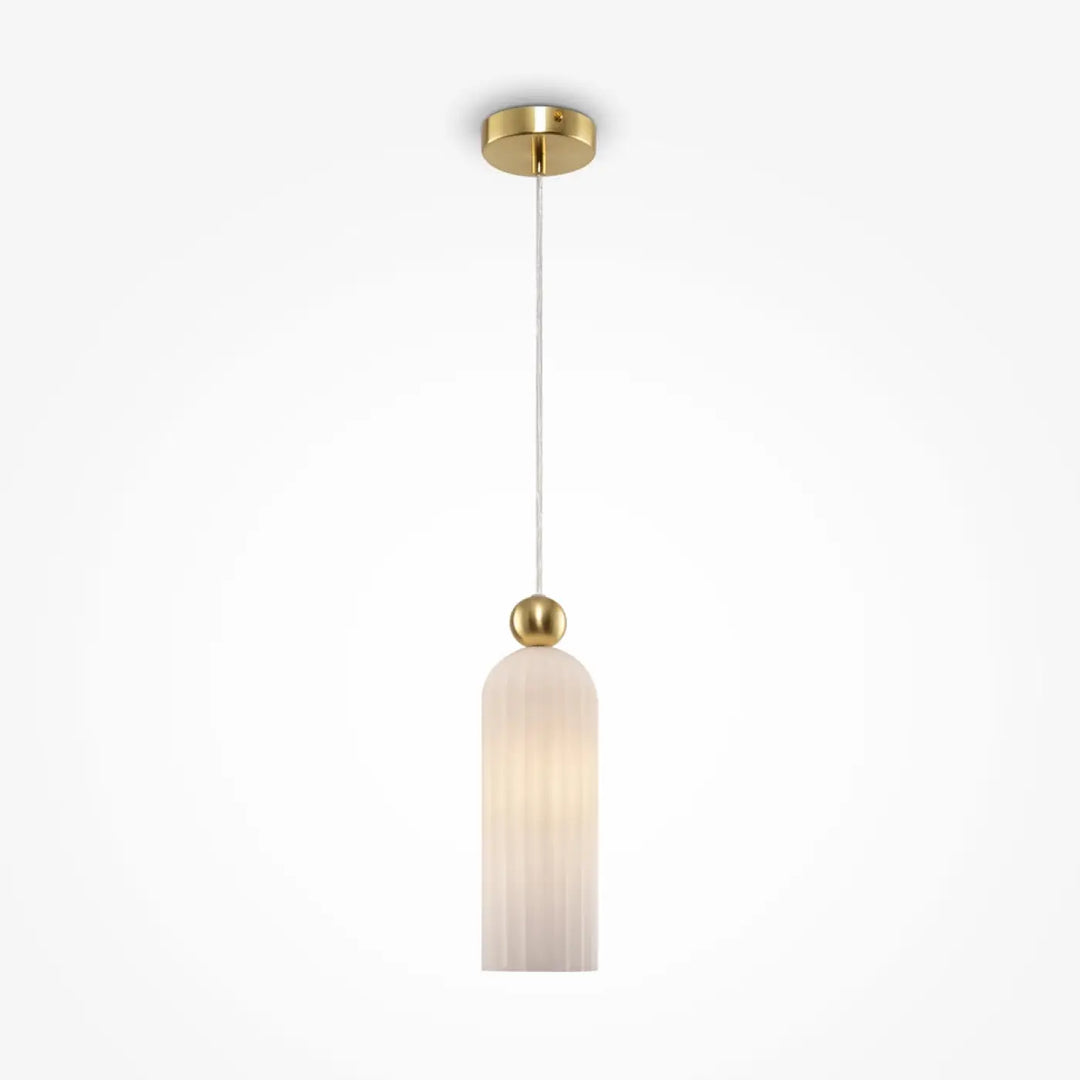 Suspension luminaire antic avec abat-jour étroit en verre strié et monture dorée moderne en métal
