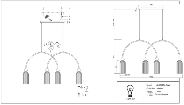 Suspension antic linéaire avec verre strié et design minimaliste à trois bras, idéale pour salle à manger