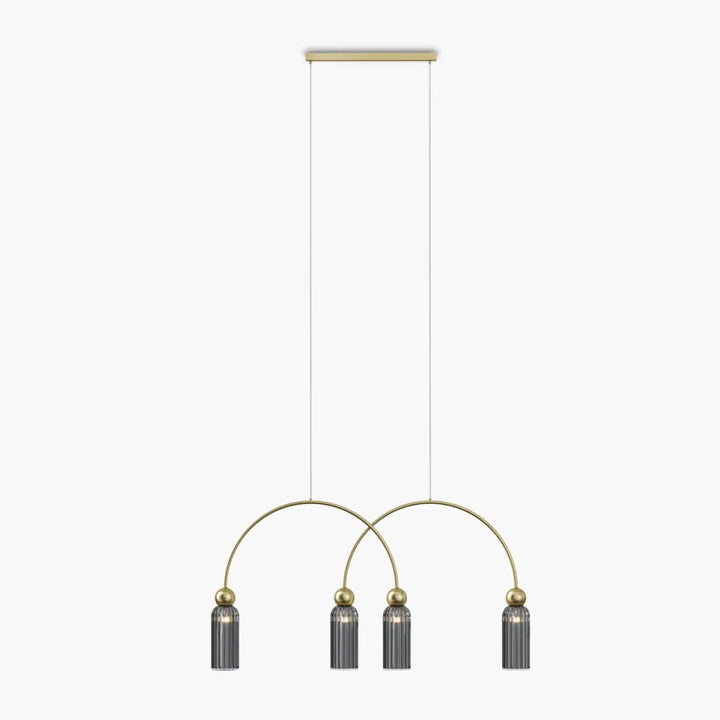 Suspension antic linéaire en laiton moderne avec quatre bras courbés et verre strié gris pour salle à manger