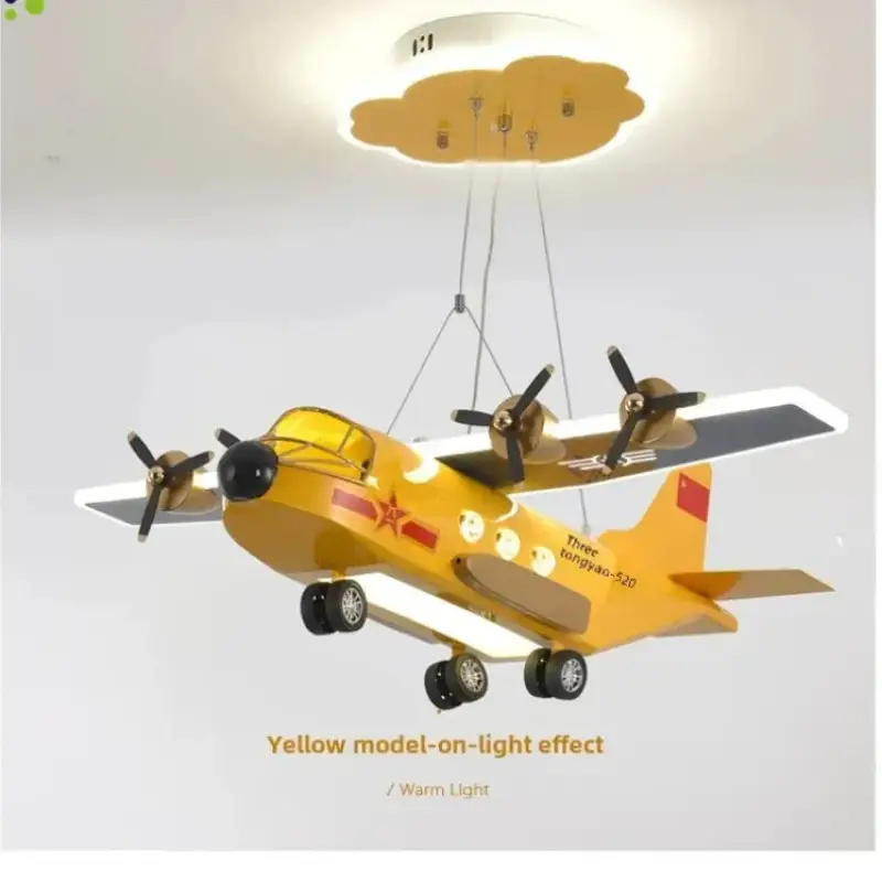 Suspension avion enfant design ailes lumineuses gris jaune