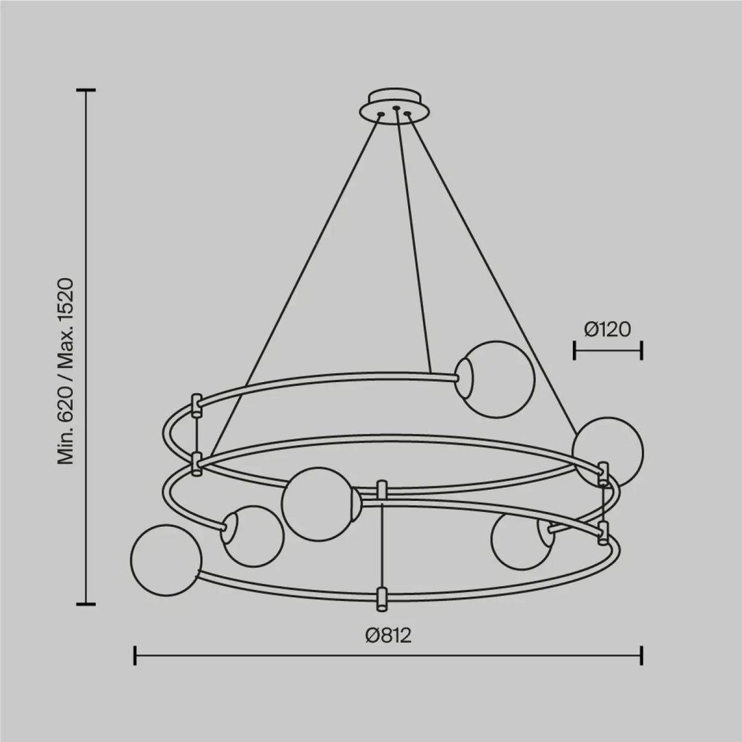 Suspension luminaire balance moderne avec globes en verre opale et arches dorées suspendues par tiges métalliques fines