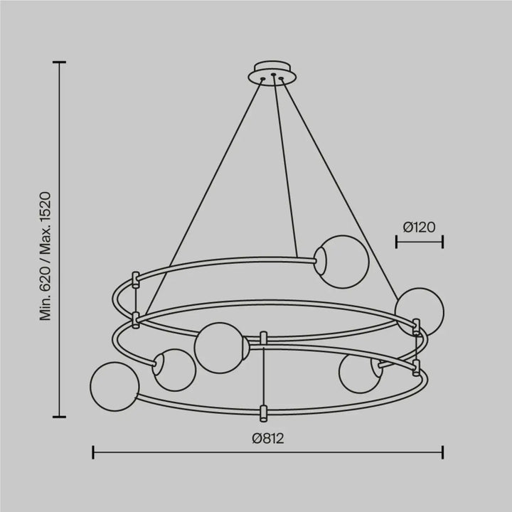 Suspension luminaire balance moderne avec globes en verre opale et arches dorées suspendues par tiges métalliques fines
