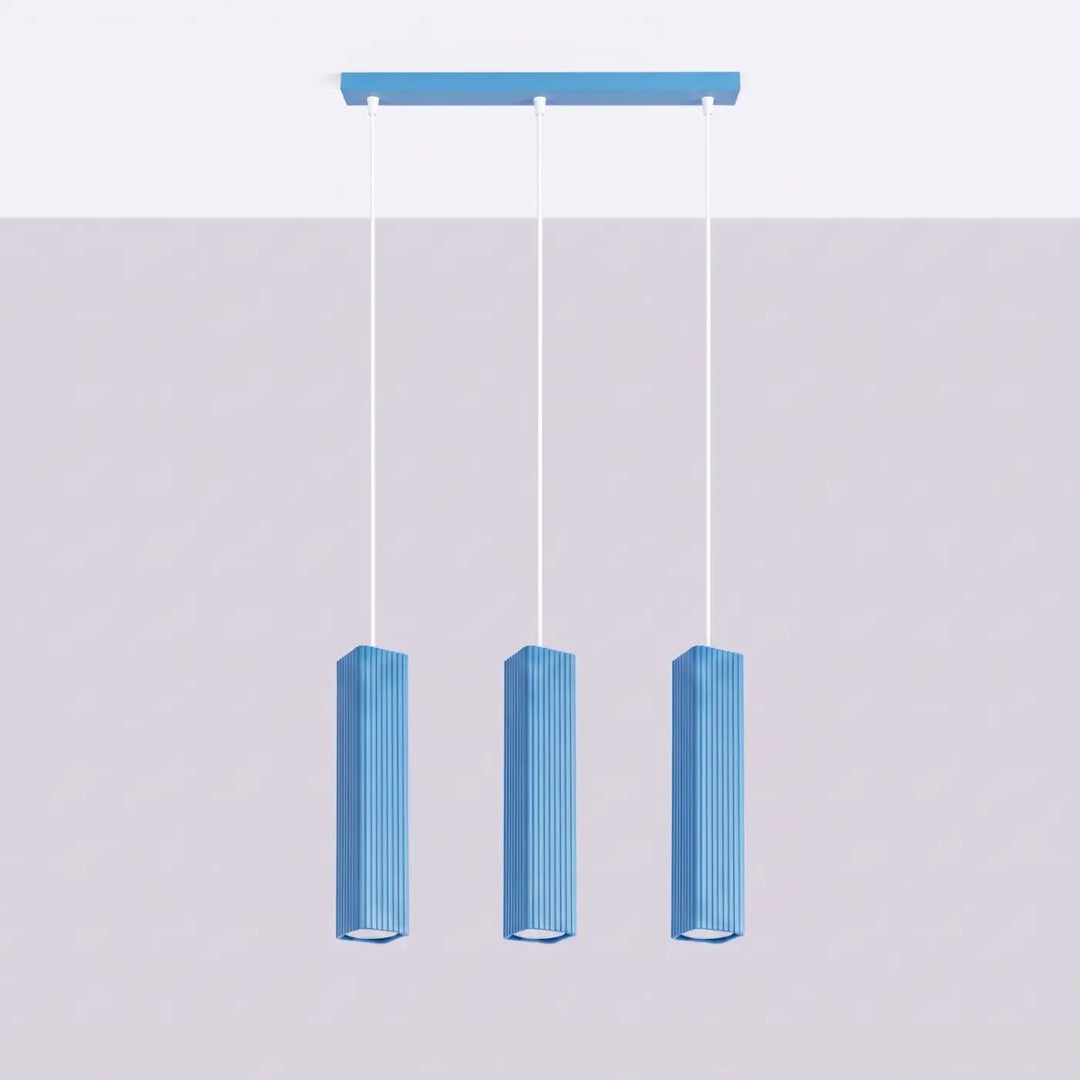 Suspension Rayo bleu azur en ligne à 3 tubes cannelés, éteinte