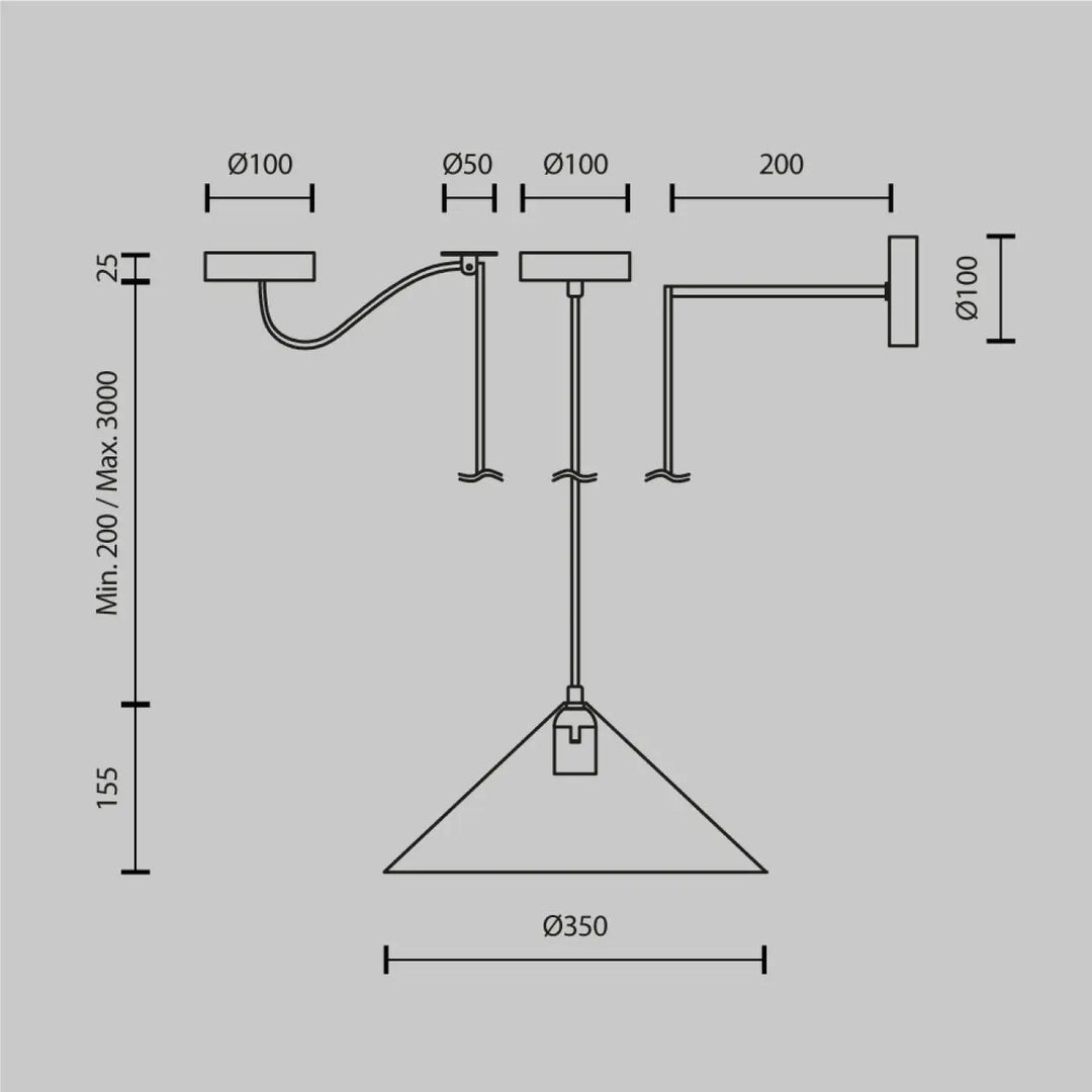 Suspension luminaire basic colors conique avec abat-jour triangulaire vert militaire en métal mat et bras ajustable