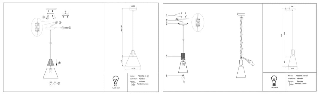 Suspension scandinave conique pdsb-102-a avec finition métallique et ampoule e27 visible pour éclairage moderne