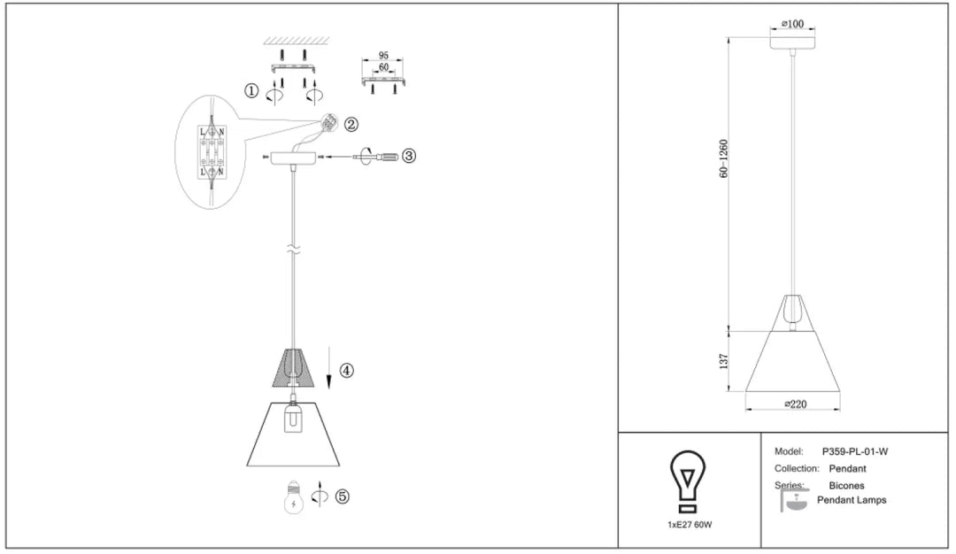 Suspension luminaire bicones p359-pl-01-w avec abat-jour conique en métal idéale au-dessus d’une table de salle à manger