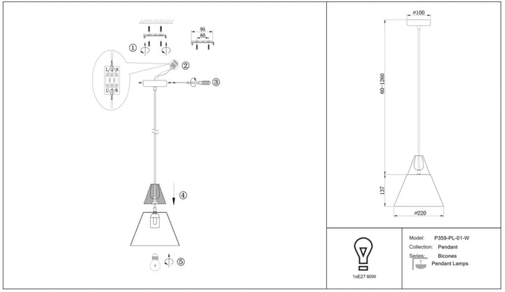 Suspension luminaire bicones p359-pl-01-w avec abat-jour conique en métal idéale au-dessus d’une table de salle à manger