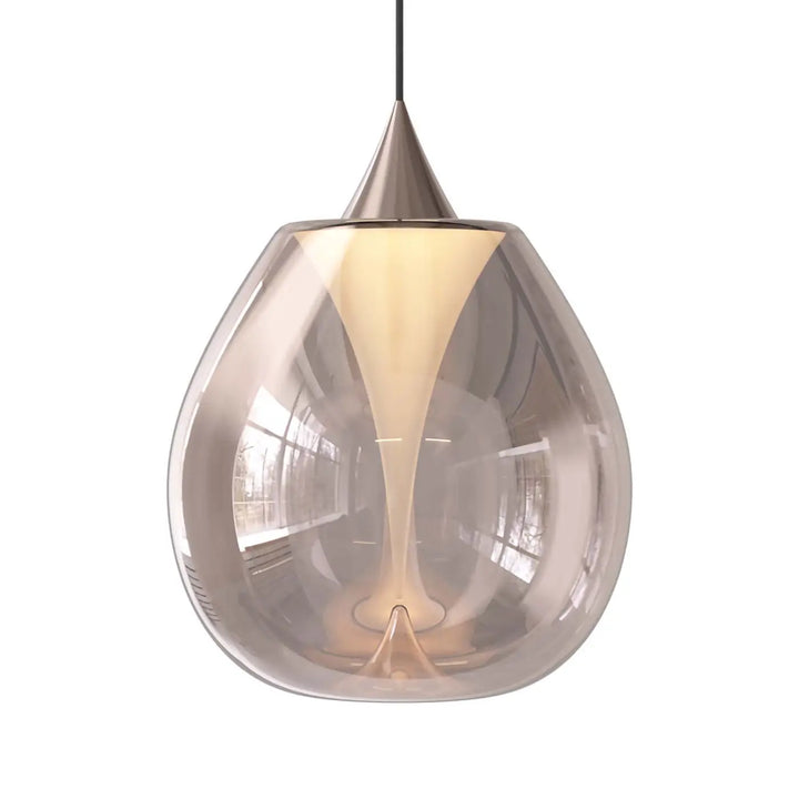 Suspension bond en verre soufflé avec corps en ambre translucide et sommet métallique brossé teardrop shape