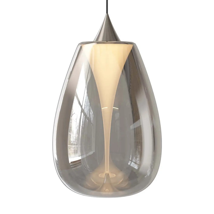 Suspension bond teardrop-shaped pendant light with verre soufflé body and metallic silver double disque convexe accents