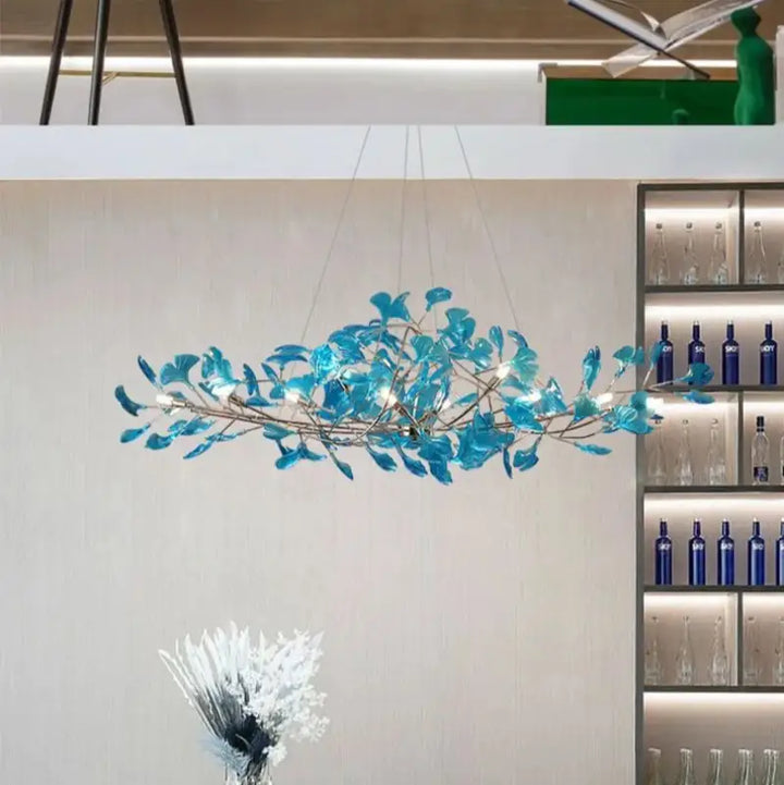 Suspension Branches Métal Feuilles Bleues Design Moderne

