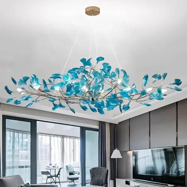 Suspension Branches Métal Feuilles Bleues Design Moderne

