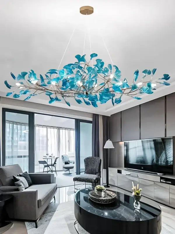 Suspension Branches Métal Feuilles Bleues Design Moderne

