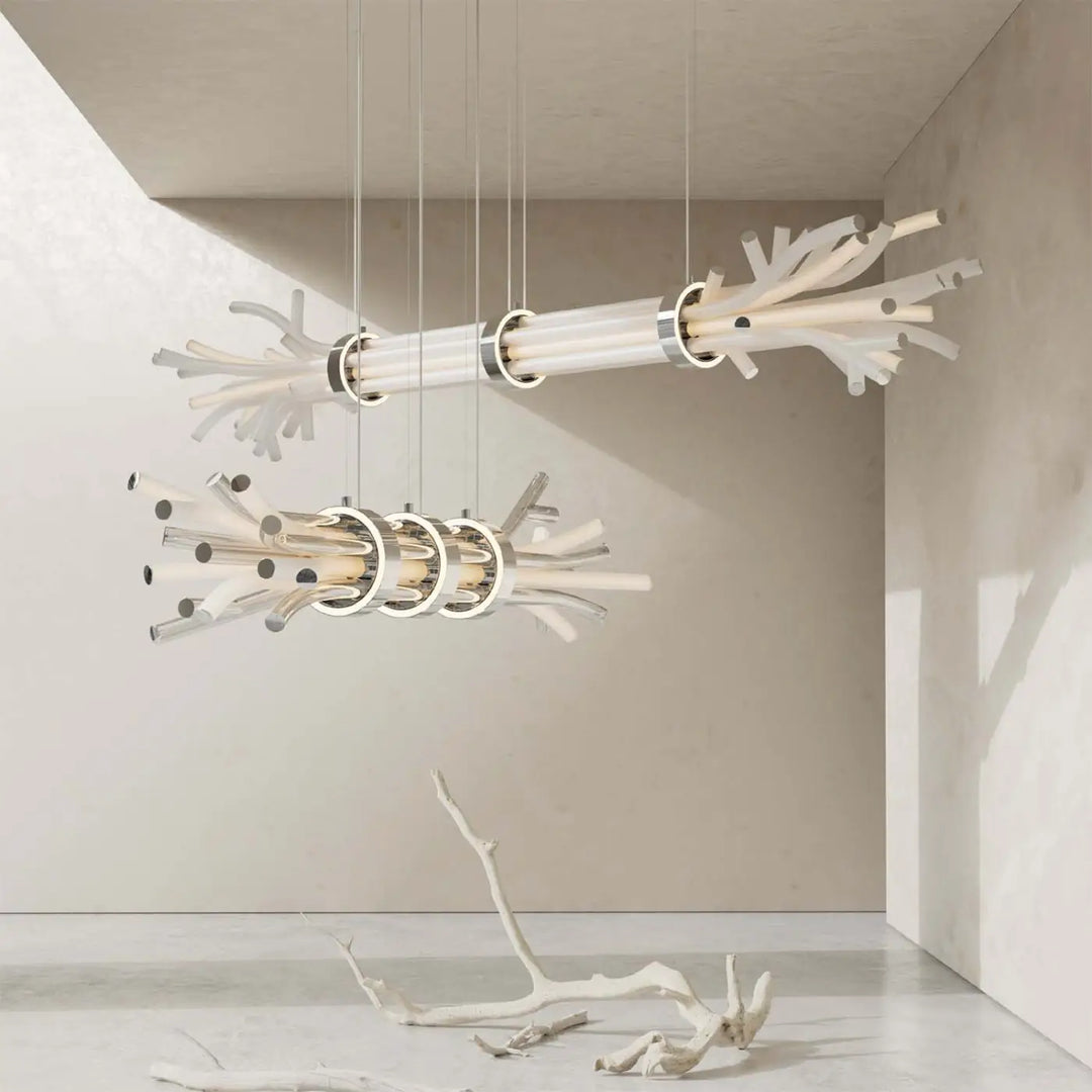 Suspension led branchy blanc et argent inspirée de branches avec anneaux métalliques élégants en suspension luminaire