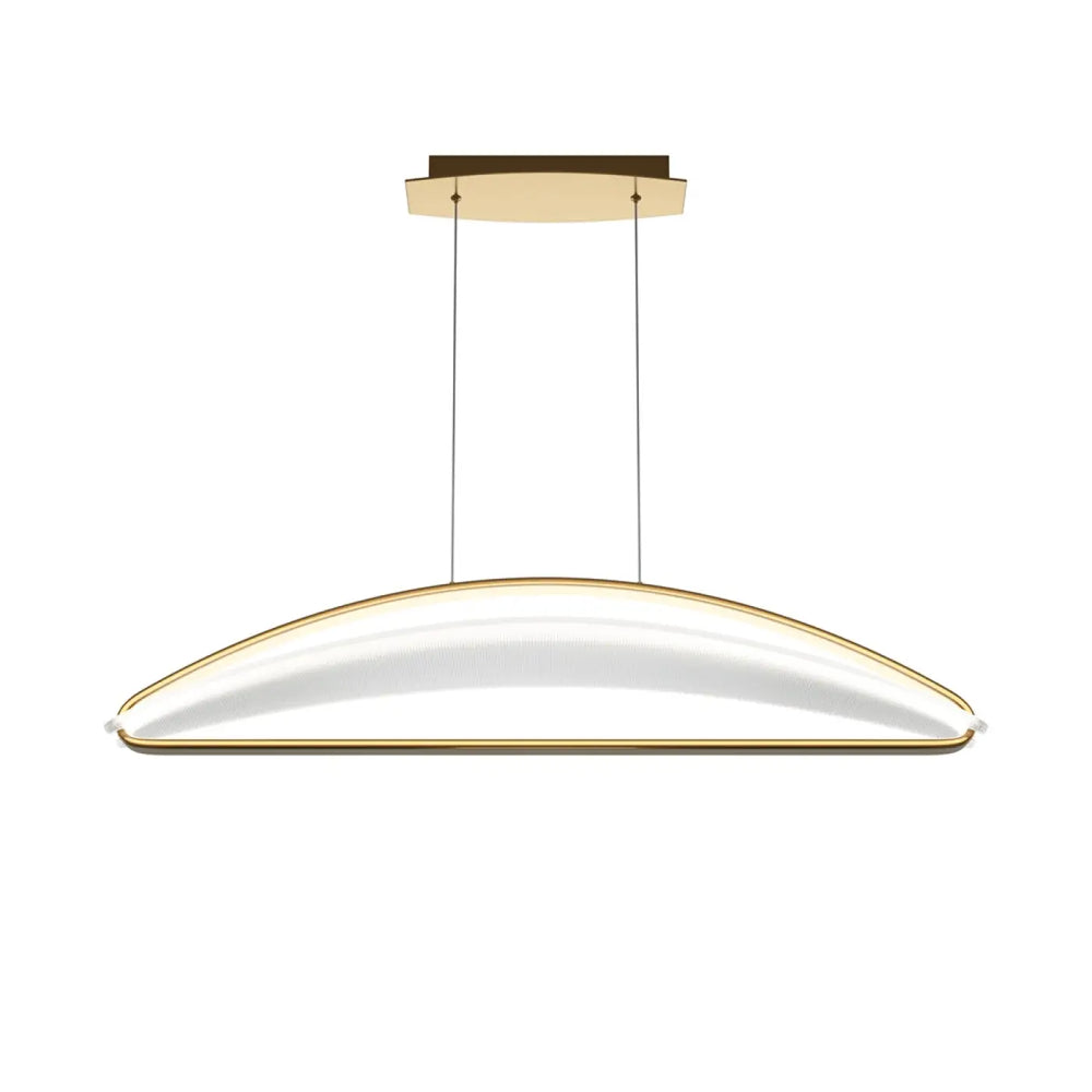 Suspension luminaire breeze linéaire avec diffuseur blanc courbé en acrylique texturé et accents dorés pour d’une table moderne