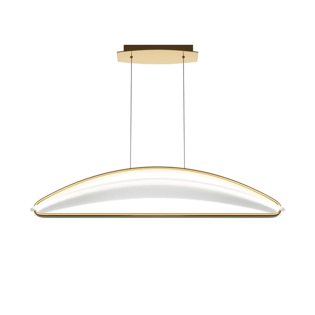 Suspension luminaire breeze linéaire avec diffuseur blanc courbé en acrylique texturé et accents dorés pour d’une table moderne