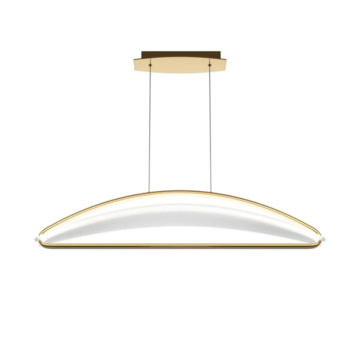 Suspension luminaire breeze linéaire avec diffuseur blanc courbé en acrylique texturé et accents dorés pour d’une table moderne