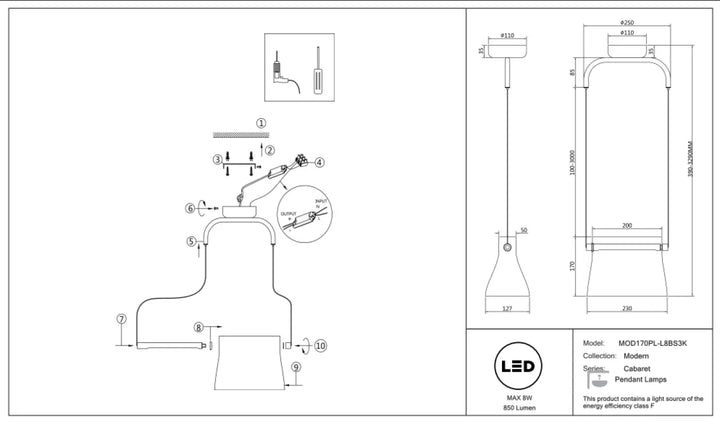Suspension cabaret led moderne avec cadre métallique incurvé et verre transparent au-dessus d’une table