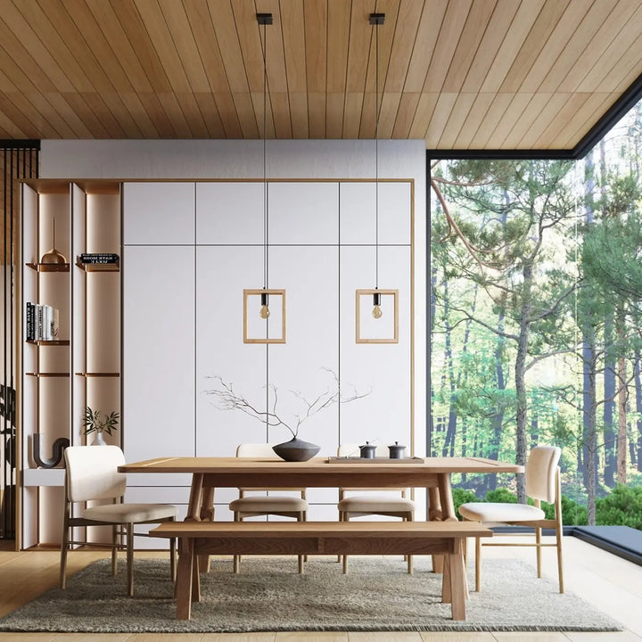 Suspension bois naturel au-dessus d'une table