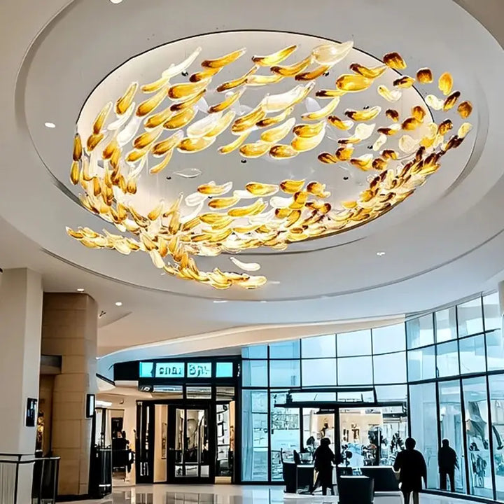Suspension Cascade Cristal Doré Feuilles Sculpturales Moderne Chic
