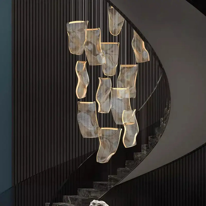 Suspension Cascade Design Verre Sculptural Pour Escalier

