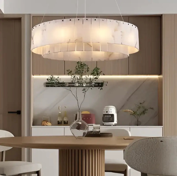 Suspension circulaire effet marbre led design blanc chic