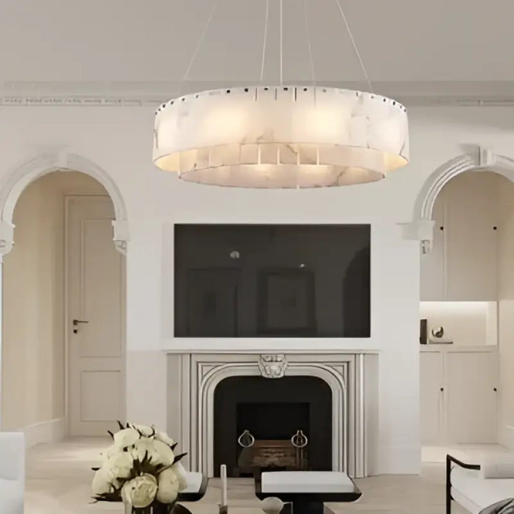 Suspension circulaire effet marbre led design blanc chic