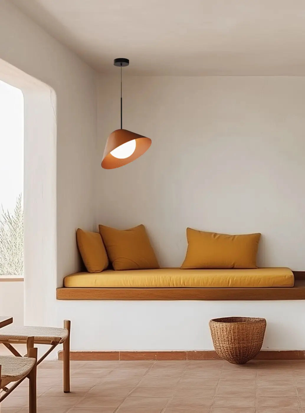 Suspension Bola Bell orange à tige noire dans un intérieur