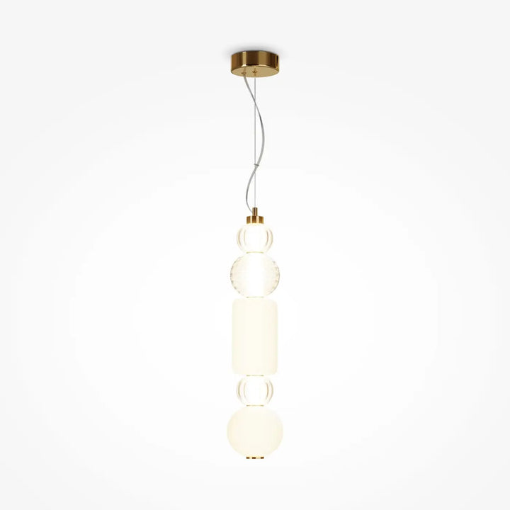 Suspension collar métal doré avec cinq diffuseurs ronds en sphères cristal clair et cylindres blancs opaques