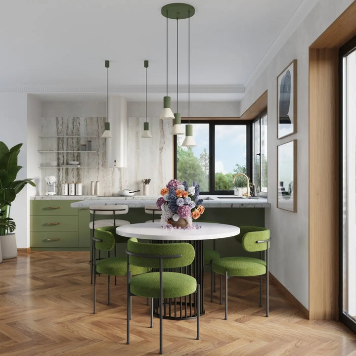 Suspension beige/vert olive dans un intérieur contemporain