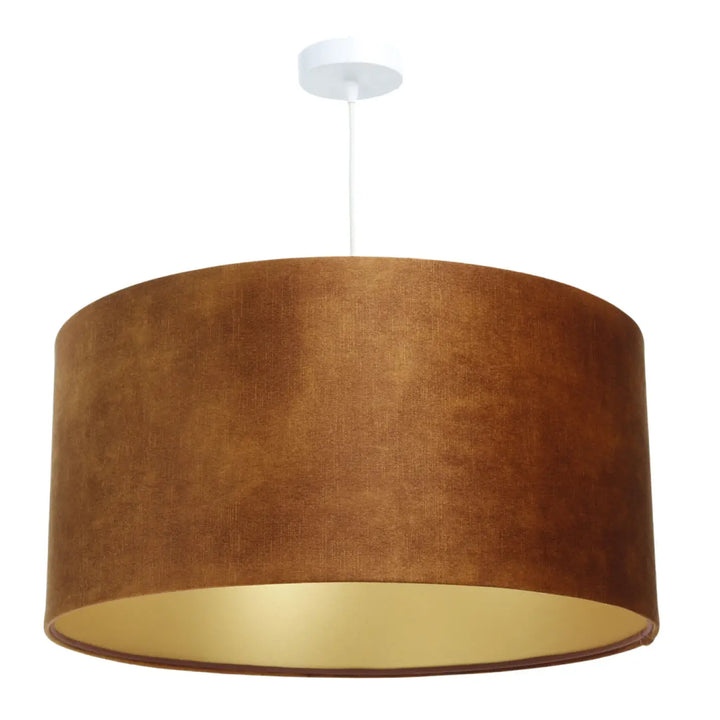 Suspension cylindrique caramel avec sapporte doré et finition en tissu texturé pour luminaires décoratifs vintage glamour