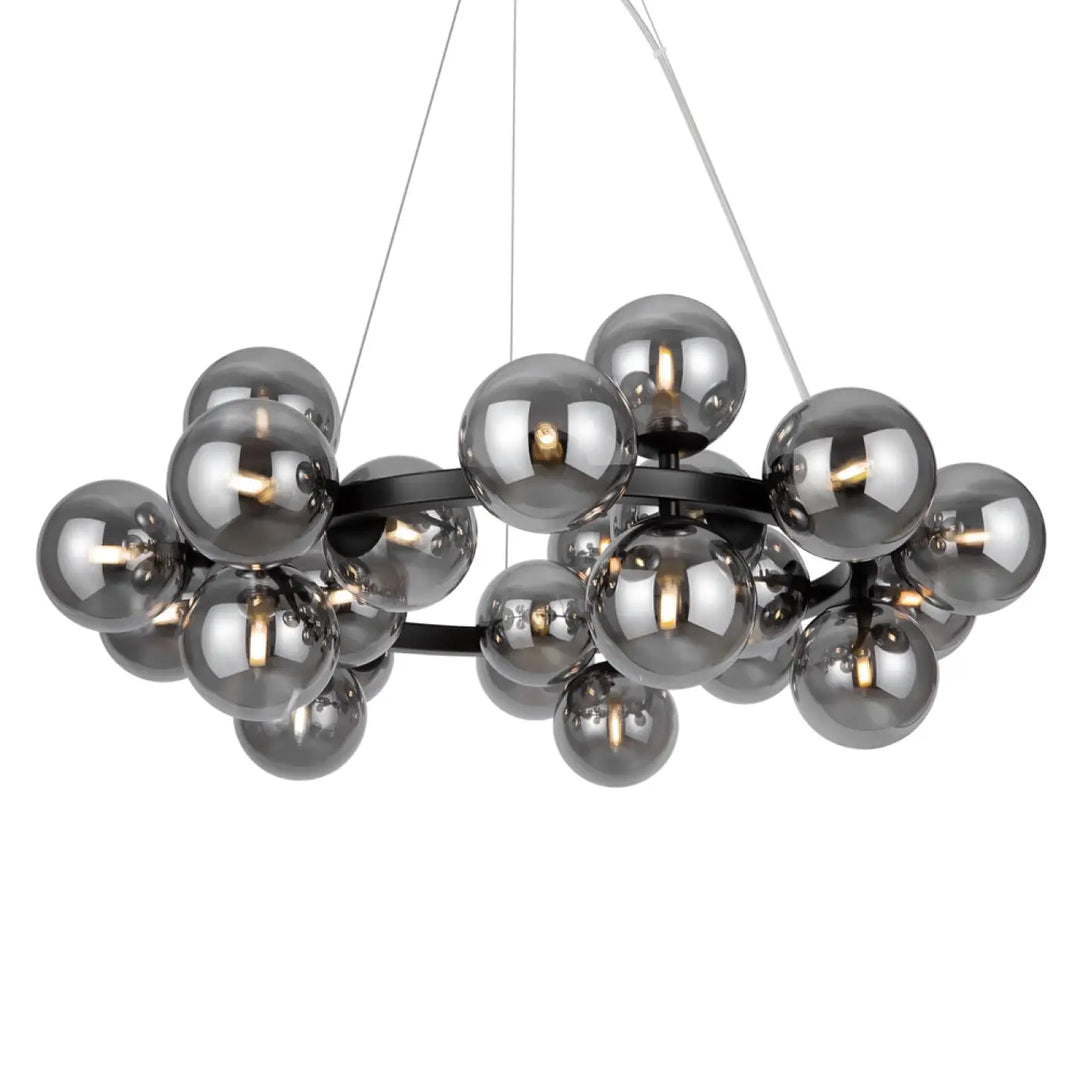 Suspension circulaire dallas circulaire noire en métal avec vingt-cinq globes en verre gris réfléchissant