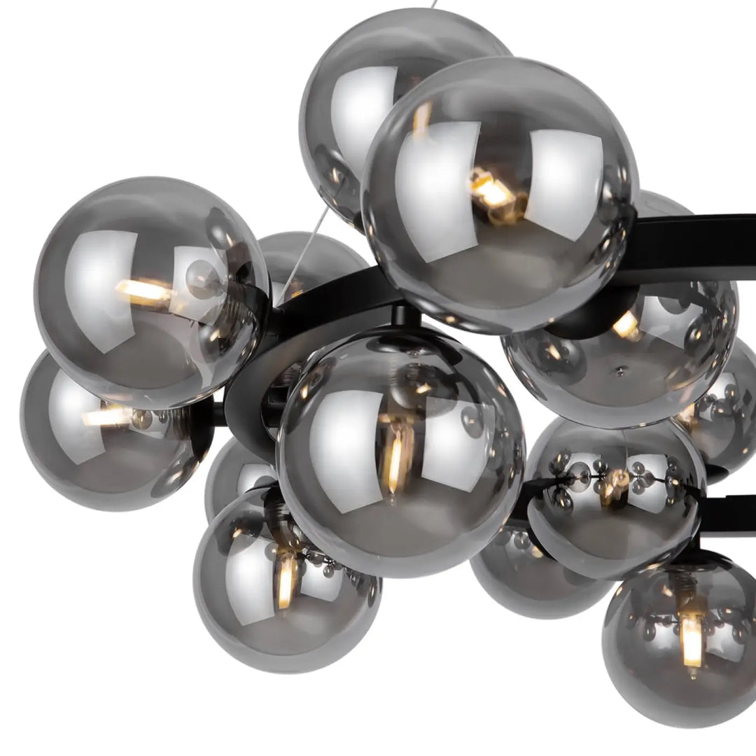 Suspension luminaire dallas circulaire en métal noir moderne avec vingt-cinq globes en verre fumé