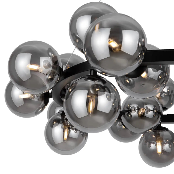 Suspension luminaire dallas circulaire en métal noir moderne avec vingt-cinq globes en verre fumé