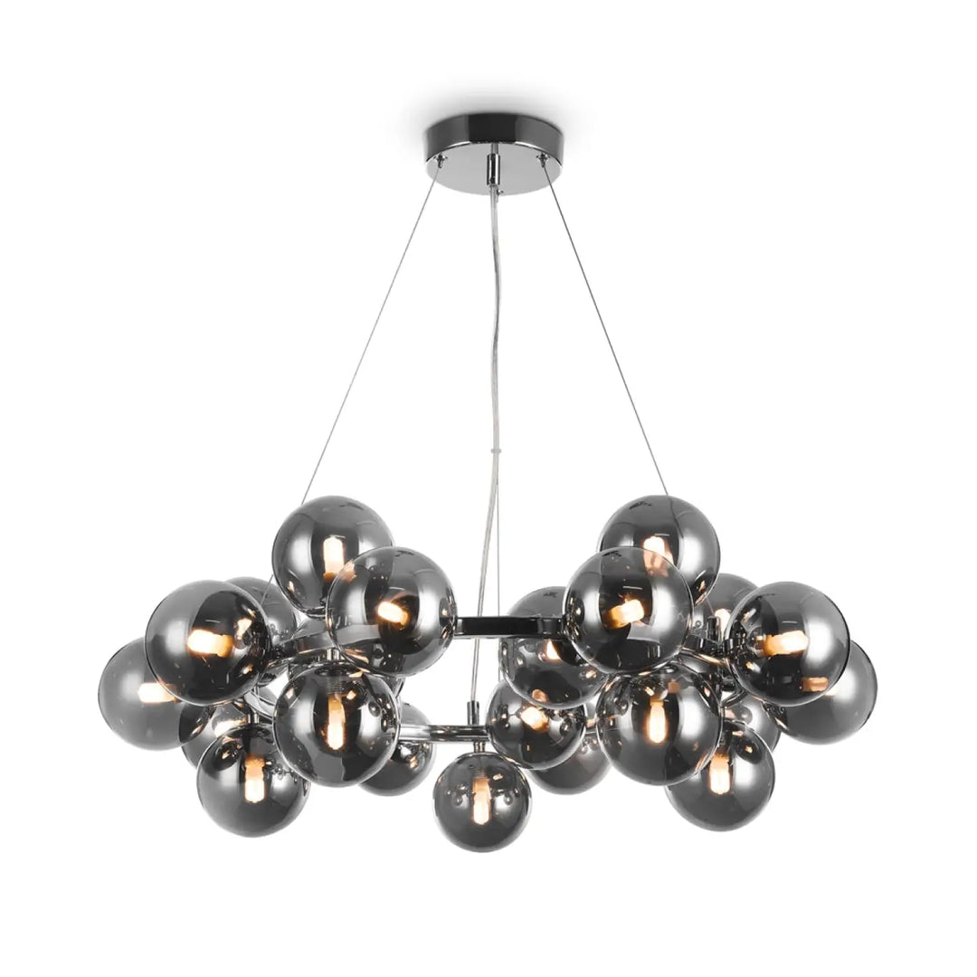 Suspension circulaire dallas circulaire en chrome moderne avec vingt-cinq globes en verre noir réfléchissant