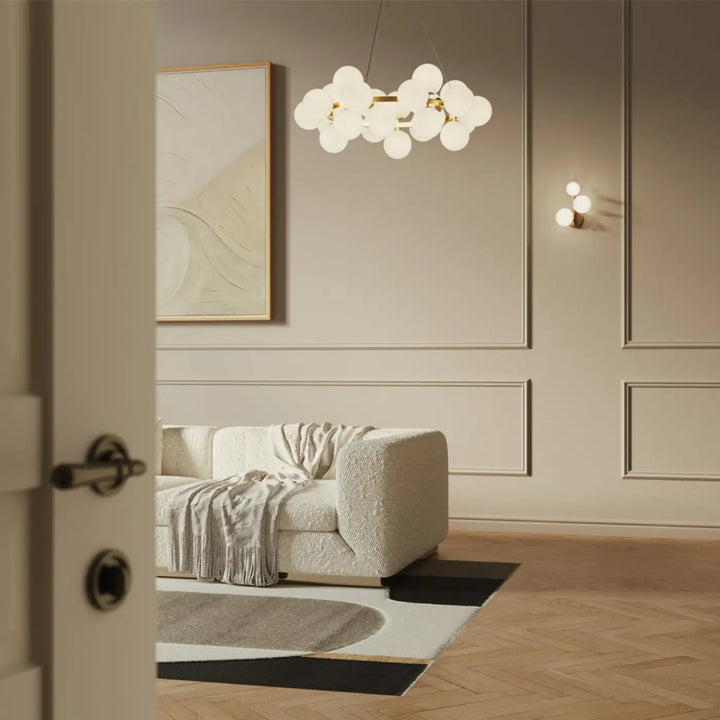 Suspension luminaire dallas circulaire avec vingt-cinq globes en verre dépoli et structure métallique dorée moderne