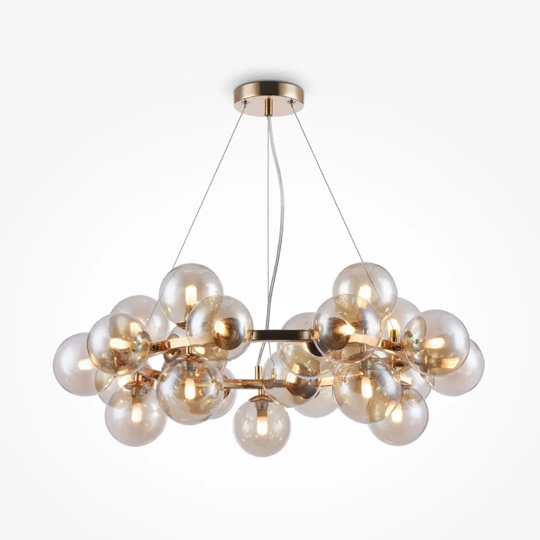 Suspension luminaire dallas circulaire en laiton avec vingt-cinq globes en verre dépoli suspendus par fils fins