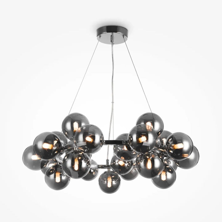 Suspension circulaire dallas circulaire avec vingt-cinq globes en verre noir réfléchissant et finition chrome moderne